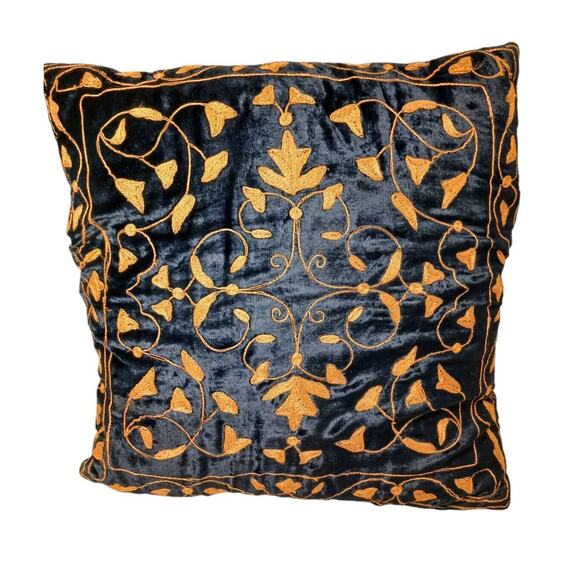 Decor Pillow DOWN 16" Blue VELVET w Gold Embroidery Exotic Fleur de Lis Regency - Picture 2 of 12